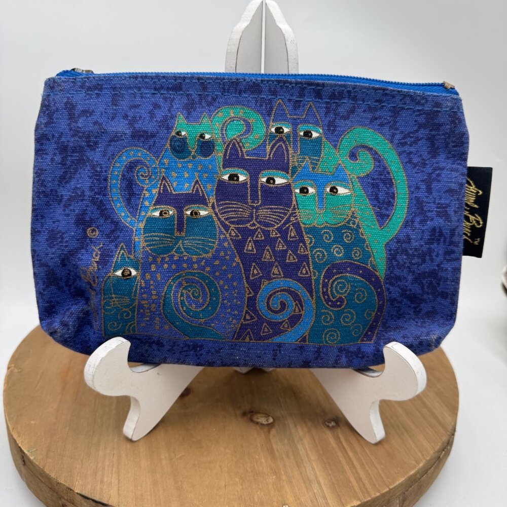 Laurel Burch Cats Zipper Pouch Cosmetic Bag Blue Multi Color Artist Designed 9"